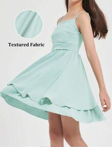 EXARUS Girls Flowy Ruffled Hem/Puff Bubble Dress Teen Ruched Summer Adjustable Spaghetti Strap Casual Cami Mini Dresses - 薄荷綠 - 查看 3