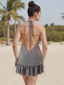 Halter Mini Dress For Women Shiny Bead Decor Ruffled Hem Backless Mesh Dress Glitter Short Sundress Clubwear - Grey - View 10