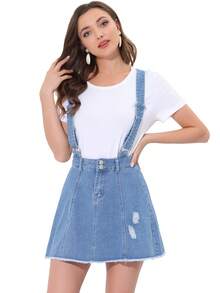Women's Denim Skirt Overall Adjustable Strap Braces Mini Suspender Washed Spring Summer Jean Skirts - Xanh lam bị sờn - Xem 1