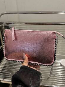 Women's Beaded Chain Strap Crossbody Bag, Retro Solid Color Faux Metallic Envelope Clutch Purse For Party , Pink - Pink - View 9