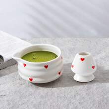 2 件套日式抹茶套装，粉色心形陶瓷抹茶碗（带壶嘴）和抹茶搅拌器架套装，日式抹茶茶具，拿铁和抹茶茶道，抹茶爱好者返校节和生日礼物 - 彩色 - 查看 9