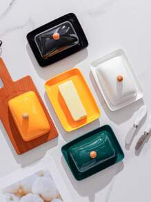 1 Set Ceramic Rectangular Covered Butter Dish With Stainless Steel Knife, Nordic Style Minimalist Solid Color Ceramic Butter Dish, Cheese Dish, Food Storage Container With Lid And Stainless Steel Knife