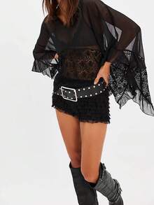 Women's Y2k Summer Sheer Poncho Tops Solid Color Batwing Sleeve Loose Fit T-Shirts Blouses Fairy Grunge Oversized V Neck Lace See Through Flowy Tops - màu đen - Xem 1