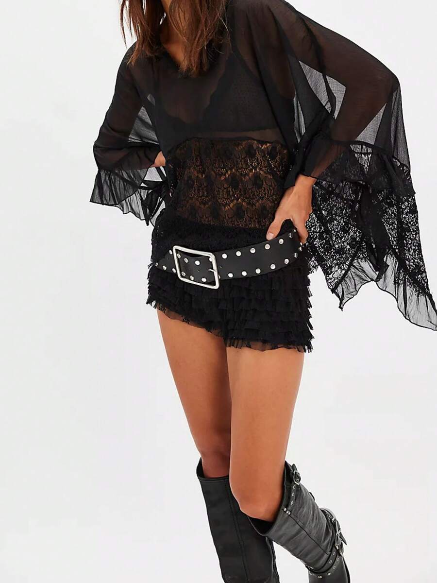 Women's Y2k Summer Sheer Poncho Tops Solid Color Batwing Sleeve Loose Fit T-Shirts Blouses Fairy Grunge Oversized V Neck Lace See Through Flowy Tops - màu đen - Xem 1
