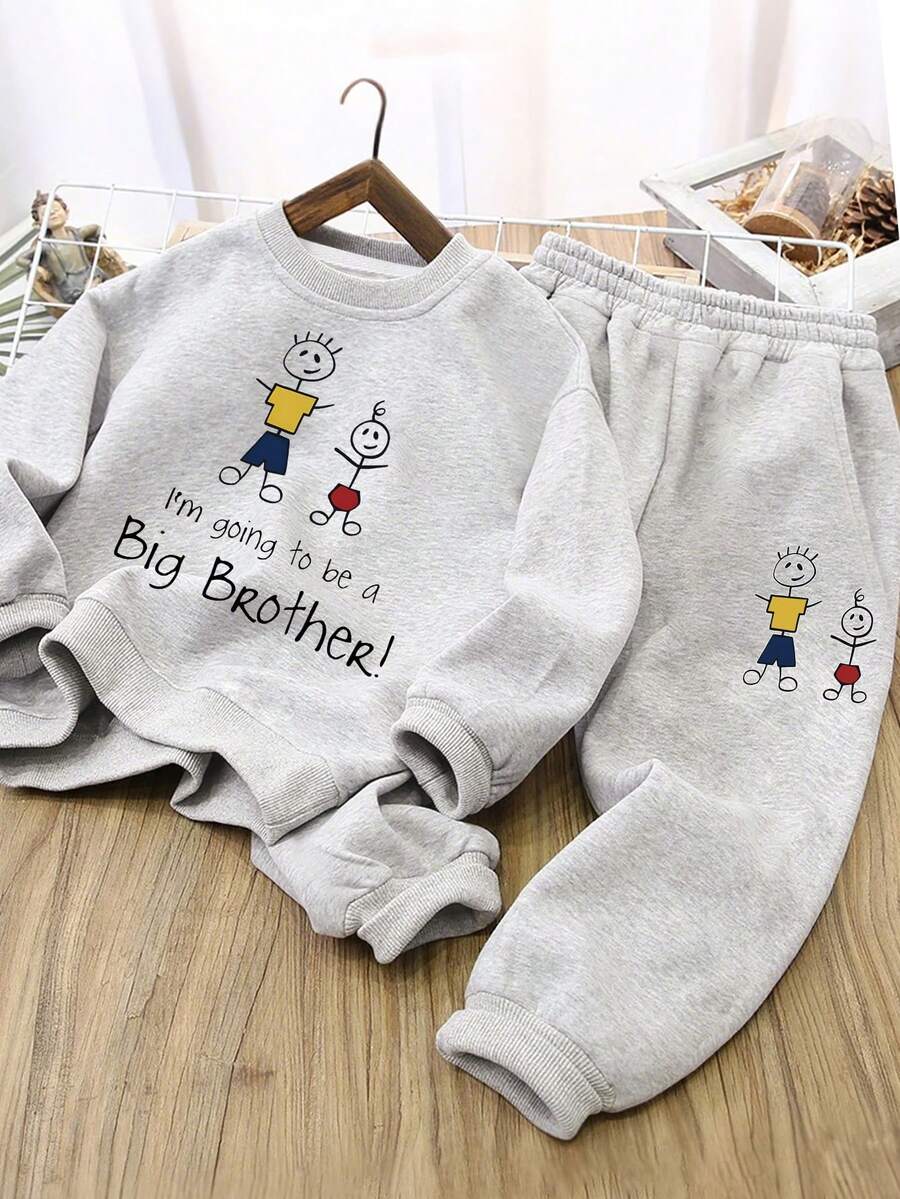 2pcs Set Boy Childlike & Warm Simple Drawing Print Sweatshirt Set, Comfortable And Soft, Spring & Autumn Daily Casual Wear - Grey - View 1