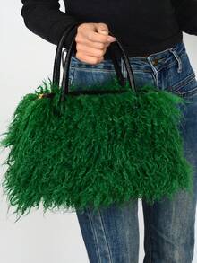Furry Shoulder Bag For Women Fuzzy Faux Fur Large Tote Handbag Cute Soft Fluffy Purse Tote Bag For Women, Lightweight Puffy Tote Bag With Compartments Quilted Shoulder Bag  Furry Purse Fluffy Tote Bags For Women Winter Faux Fur Bag Fuzzy Purses And Handbags - 綠色 - 查看 2