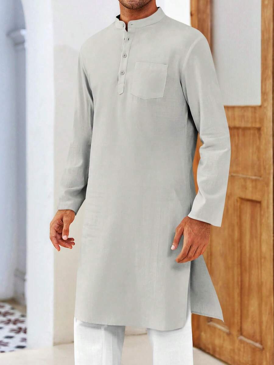 Runcati Men's Cotton Thobe Kaftan Robe Long Sleeve Henley Button Down Casual Side Split Gown Shirt - 灰色 - 查看 1