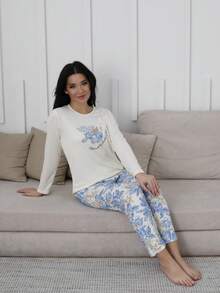 Mirano Slogan Print Short Sleeve Top & Cherry Pattern Long Pants Pajama Set - Blue and White - View 5