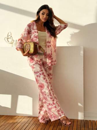 女士两件套日常穿着休闲度假风格七分袖长裤两件套