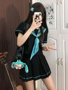 1pc Style Sailor Collar Short Sleeve Set, Basic Black & Mint Green Color Block JK School Uniform, Summer Halloween - màu đen - Xem 6