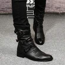 Men`S Steampunk Gothic Rivet Motorcycle PU Faux Leather Cowboy Boots Rock Black Rider Concerts Night Club Halloween Boots With Studs Shoes - 黑色 - 查看 1