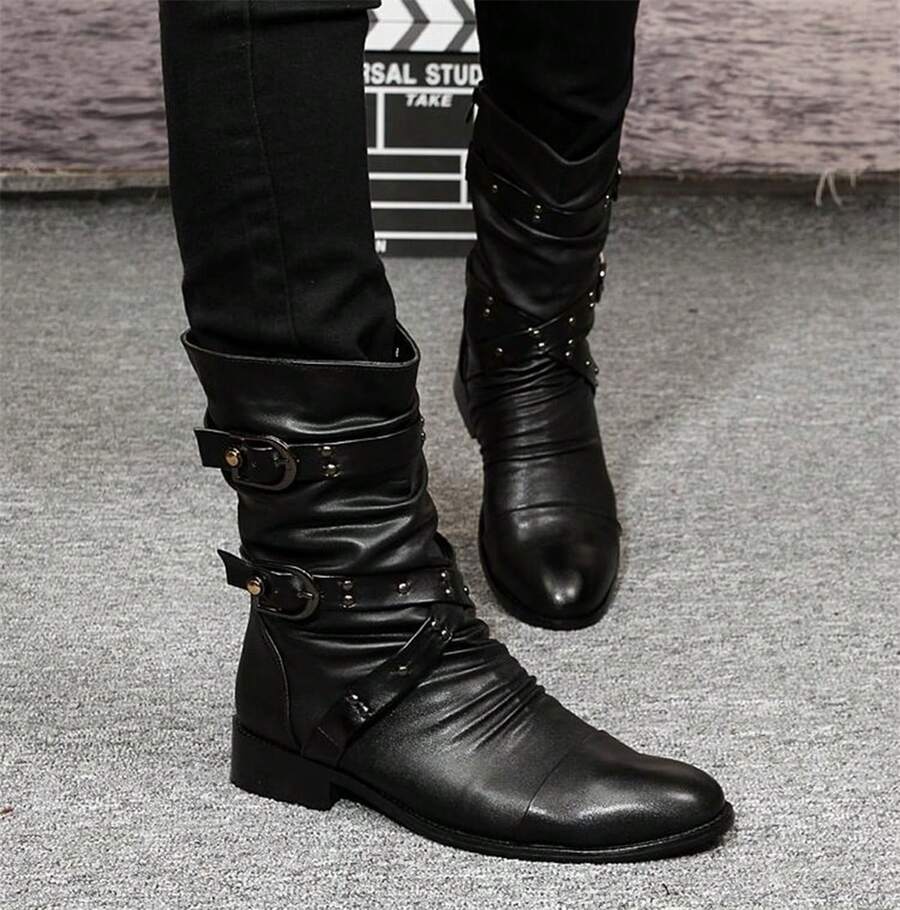 Men`S Steampunk Gothic Rivet Motorcycle PU Faux Leather Cowboy Boots Rock Black Rider Concerts Night Club Halloween Boots With Studs Shoes - 黑色 - 查看 1
