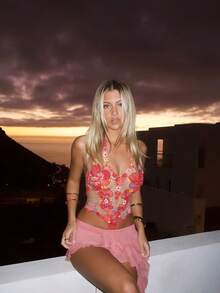 Women Floral Mesh Tank Top Y2K Flower Embroidery Sheer Halter Crop Tops See Through Tie Up Backless Camisole - Rosa Fucsia - Ver 3