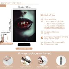 1 件无框哥特式吸血鬼帆布印刷品 - 吸血鬼牙齿印刷品、黑暗乡村风格艺术、哥特式美学、恐怖艺术印刷品、吸血鬼核心、黑暗幻想海报、墙壁艺术、房间装饰用品、秋季、万圣节、现代、复古（可选框架）