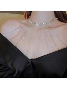 Diamond Inlaid Long Tassel Necklace, Shoulder Chain, Body Chain, One-Piece Personalized Bride Dress, Party Light Luxury Accessories, Necklaces - Silver - View 3