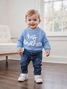 Toddler Boys Knitted Jumper Big Bro Letter Embroidery Round Neck Pullover Sweater Baby Warm Knit Tops Pullover Knitwear - 天藍 - 查看 4