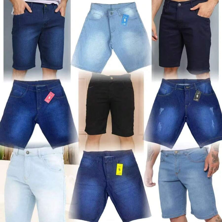 Kit 4 Men's Bermuda Jeans, Worn And Mustache, Black, Dark, Light, Premium, Various Washes With Elastane - 霧霾藍 - 查看 1