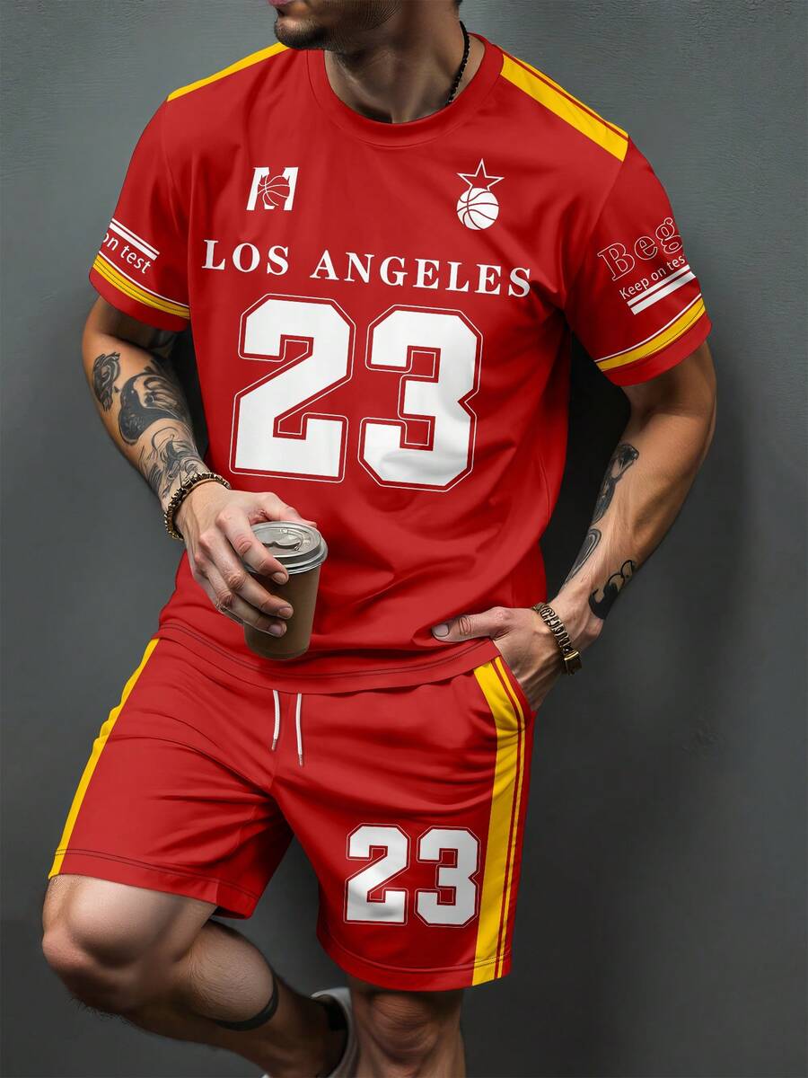 Conjunto de camiseta de manga corta y pantalones cortos con estampado del número 23, de moda para el verano - Rojo - Ver 1