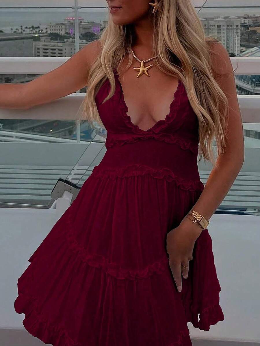 Women's Solid Color Ruffled Backless Sleeveless Beach Holiday Dress - 酒紅色 - 查看 1