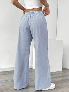 Calça Longa Feminina de Moda Outono Listrada de Poliéster, Design com Cordão, Calça Reta Solta, Ajuste Confortável e Relaxado. Temporada de Volta às Aulas - Azul - Visão 2