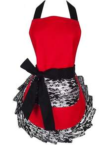 Black Lace Flirty Apron With Pocket, Retro Cooking Aprons Women - Ren đỏ - Xem 1