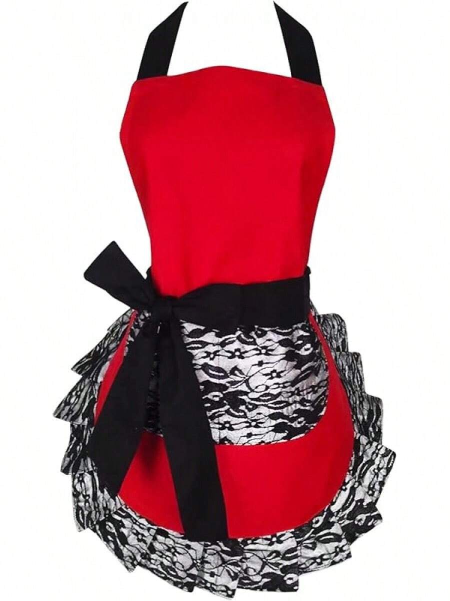 Black Lace Flirty Apron With Pocket, Retro Cooking Aprons Women - Ren đỏ - Xem 1