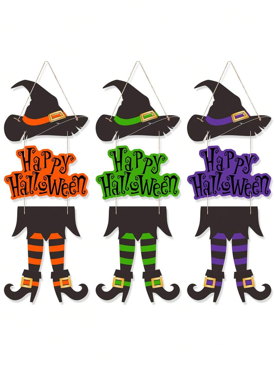 1pc Halloween Happy Sign Decoration Witch Legs Hat Hanging Wooden Wall Decor Version Rustic Front Door Hanger Fall Art Ornament For Home Room Indoor Outdoor Holiday Party - Multicolor - View 1