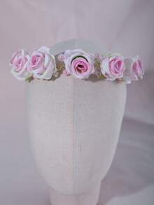 1pc Artificial Flower Colorful Faux Pearl Decorated Cute Floral Headband, Suitable For Wedding, Daily Wear, Travel And Other Occasions Hair Accessory - Pink - View 3