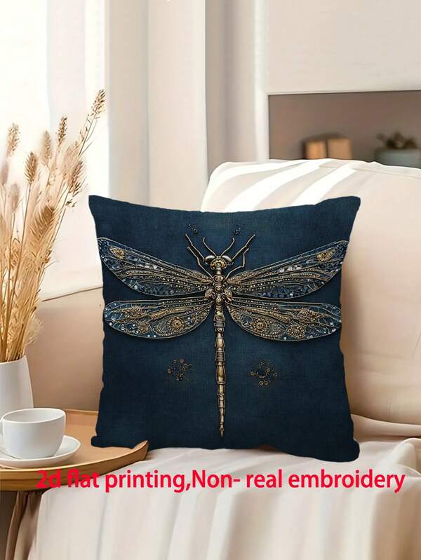1pc Steampunk Dragonfly 18"X18" Super Soft Short Plush Cushion Cover - Single-Sided, Non-Embroidered Design, Golden Accents, Zipper Closure, Ideal For Modern Home Decor (Pillow Insert Not Included), Dragonfly Decor