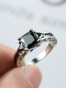 925 Sterling Silver Ring With Purple And Black Square Cubic Zirconia, Hypoallergenic & Nickel-Free, Suitable For Daily Wear And Special Occasions