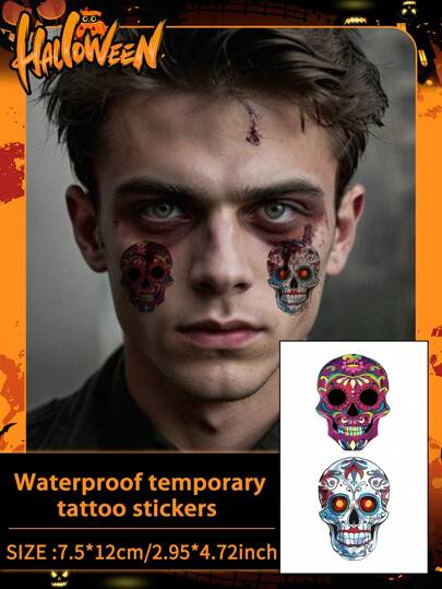 1Pc Halloween Tattoo Fake Tattoo Temporary Tattoo Skull Cartoon Colorful Waterproof Sweatproof Disposable For Women And Mem Face, Arm, Waist, Chest, Leg, Abdomen, Neck, Hand, Finger, Back For Dancing Party Stage Performance Modernist Body Art