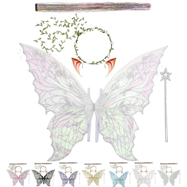 Fairy Wings For Adults And Girls, Fairy Costume Set With Garland, Fairy Hair Tinsel, Wand And Elf Ears Organza Butterfly Wings, Perfect For Christmas, New Year Party, Carnival Cosplay Party