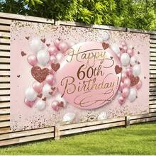 1 Fondo de pancarta para fiesta de cumpleaños 60 - Accling dorado brillante, rosa y blanco con confeti en forma de corazón, fondo de cabina fotográfica de fibra de poliéster adecuado para celebraciones interiores/exteriores, decoración de pared del hogar para todas las estaciones, decoraciones de paredes navideñas Decoración temática brillante + Decoración interior y exterior, Decoración de fiesta