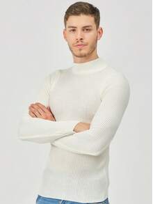Men's Navy Half Turtleneck Ribbed Thin Knit Sweater - White - View 1
