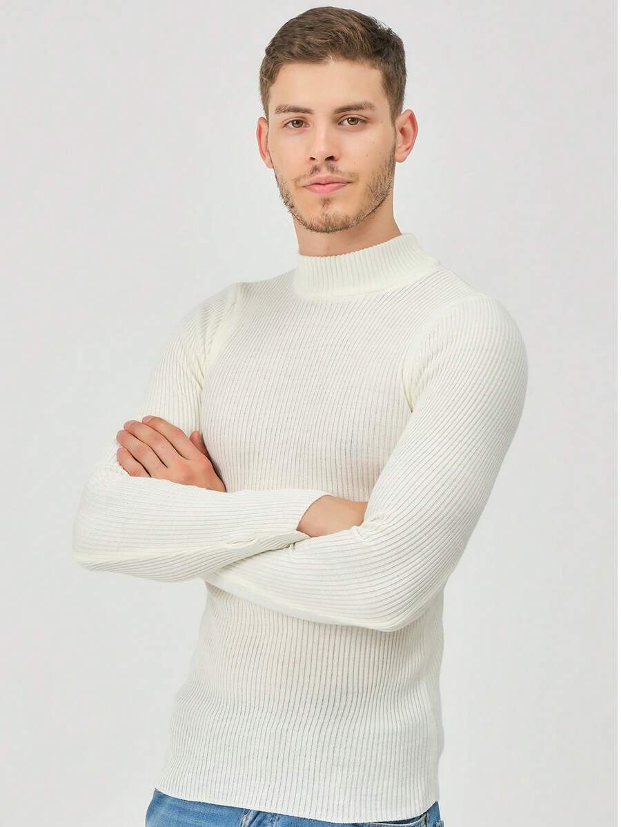 Men's Navy Half Turtleneck Ribbed Thin Knit Sweater - White - View 1