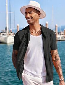 Men's Knit Shirts Short Sleeve Button Down Polo Shirt Fashion Casual Summer Beach Shirts - 酒紅色 - 查看 10