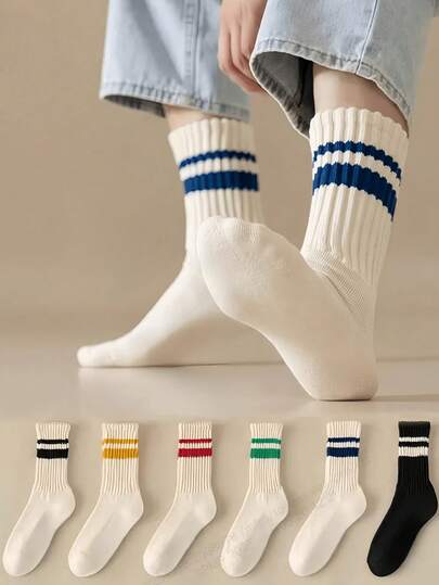 1/5双装随机男士中筒袜，款式时尚，吸湿排汗，长筒袜，条纹字母，日系街头风，适合日常穿着
