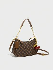 新款时尚经典多功能PU防水材质字母装饰设计，纯色新月形单肩包，链条腋下单肩包，女士钱包配樱桃吊坠装饰，优雅通勤包，适合购物、聚会，可斜挎 - 咖啡 - 查看 2