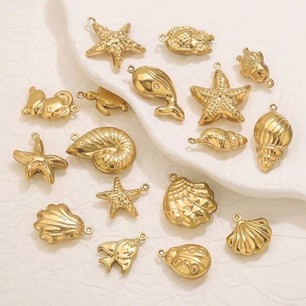 10pcs Stainless Steel Gold-Plated Multi-Element Hollow Pendant DIY Jewelry Making Accessories Suitable For Women's Daily And Holiday Wear