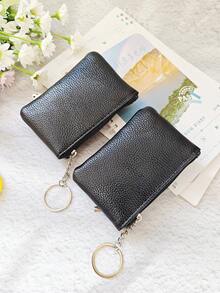 2 Pcs Mini Fashion Solid Color Coin Purse Thin Short Key Coin Purse Classic Simple Small Wallet Zipper Clutch Bank Card Lipstick Data Cable Storage Bag Suitable For Women Wallet Mini Wallet Purse Wallet Wristlet Wallet Coin Wallet - Black - View 3