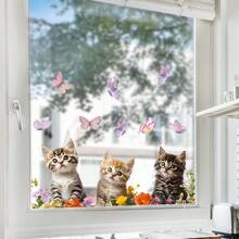 1 pieza Pegatina de ventana con gato de dibujos animados y mariposa, decoración encantadora para la cocina/baño, decoración del hogar, decoración de pared, pegatinas de pared, decoración de la sala de estar