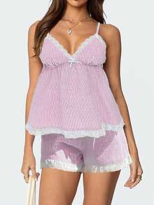 Women Pajama Set, Stripes Lace Patchwork Sleeveless Camisole With Shorts Sleepwear Loungewear - Pink - View 2