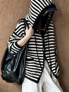 Hooded Long Sleeve Contrast Striped Knit Sweatshirt Sweatshirt, Loose Knitted Jacket, Versatile Top For Autumn/Winter, Random Piece