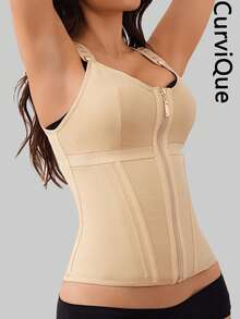 Áo nịt bụng định hình CurviQue 1 chiếc dành cho nữ, áo định hình thể thao kiểm soát bụng dành cho nữ tập gym sau sinh có khóa kéo và móc, dây đai có thể điều chỉnh, kèm áo ngực - Màu be - Xem 4