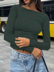 Vaiaye 女士长袖性感露背修身运动上衣，春夏款 - 墨綠色 - 查看 8