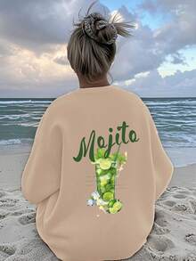 Women's Curve Oversize Solid Color Round Neck Sweatshirt, Mojito Print Design, Soft And Comfortable Fabric, Spring And Summer Beach Style, Loose Version, Suitable For Travel And Leisure, Cotton Women's Tops, Spring And Summer Vacation Vacation, Suitable For Outdoor Sportswear, Autumn And Winter Home Daily Casual Women's Wear, Couple Style - Apricot - View 1