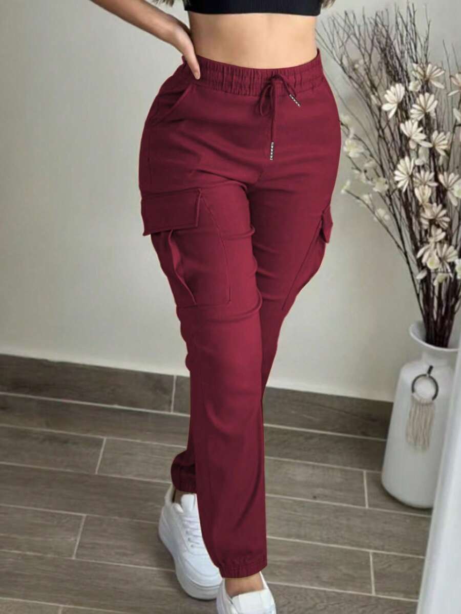 Women's Fashion Elegant Solid Color Casual Pocket Elastic Waist Drawstring Cargo Pants Spring - Burgundy - View 1