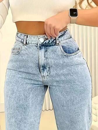 Jeans rectos y holgados con bolsillos para mujer de talla grande