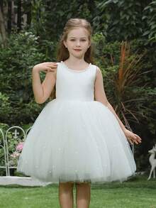 小女孩蝴蝶结深 V 薄纱泡泡袖派对公主裙，适合小女孩生日派对、舞会、选美、花童、伴娘、婚礼、特殊场合 - 白色 - 查看 8