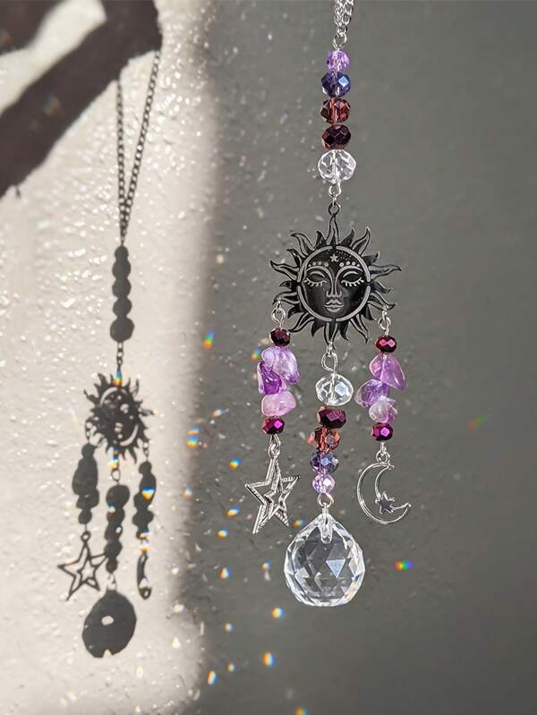 1pc Purple Crystal Moon Goddess Dreamcatcher, Celestial Purple Crystal Moon & Star, Christmas Ornament, Car Decor, Holiday Party Decoration, Festival Gift